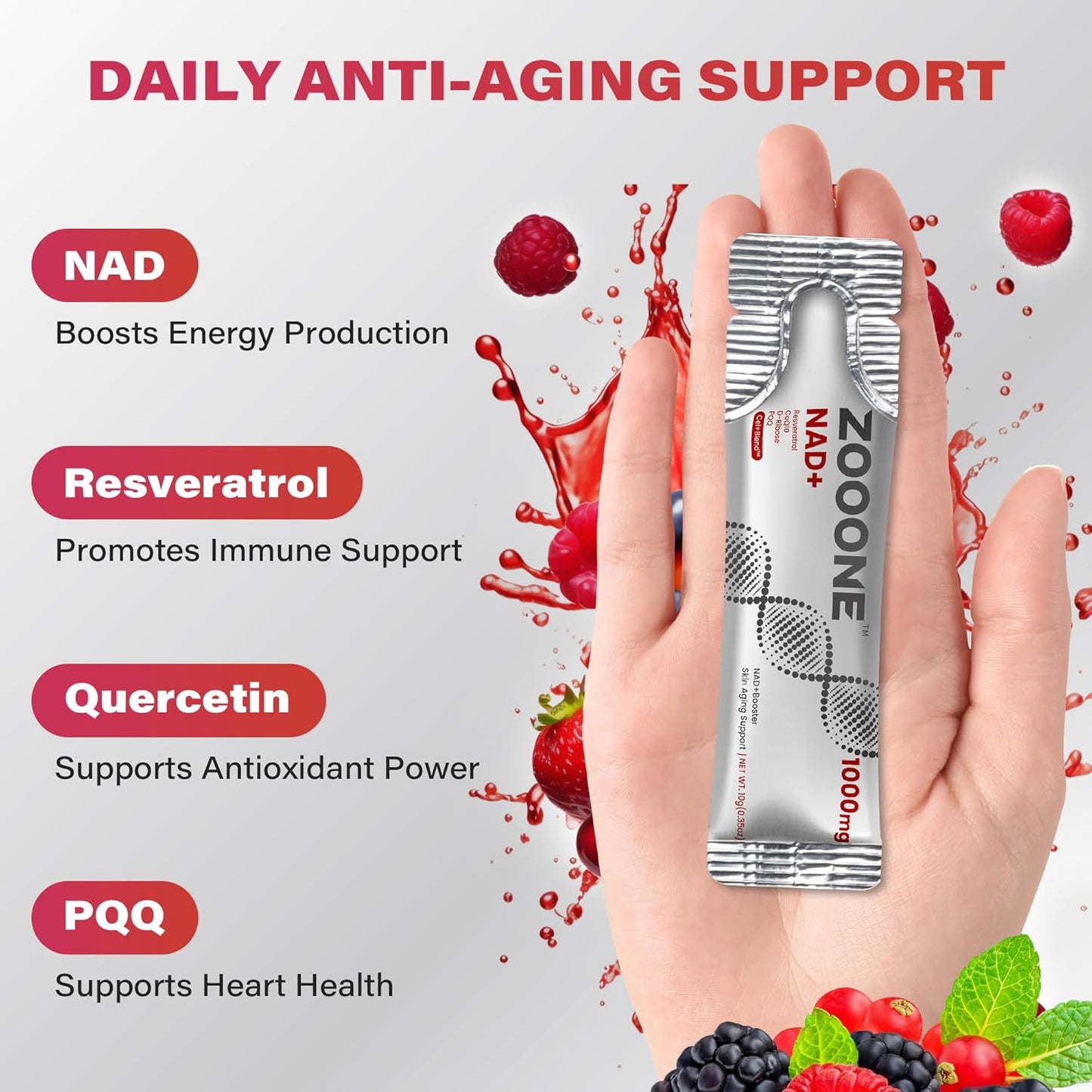 Zooone- NAD+ Supplement 30pcs, Premium Nicotinamide Riboside & Resveratrol, DNA Repair & Healthy Aging, Advanced NAD Supplement for Men & Women, Boosts Cellular Energy(Berry Flavor)